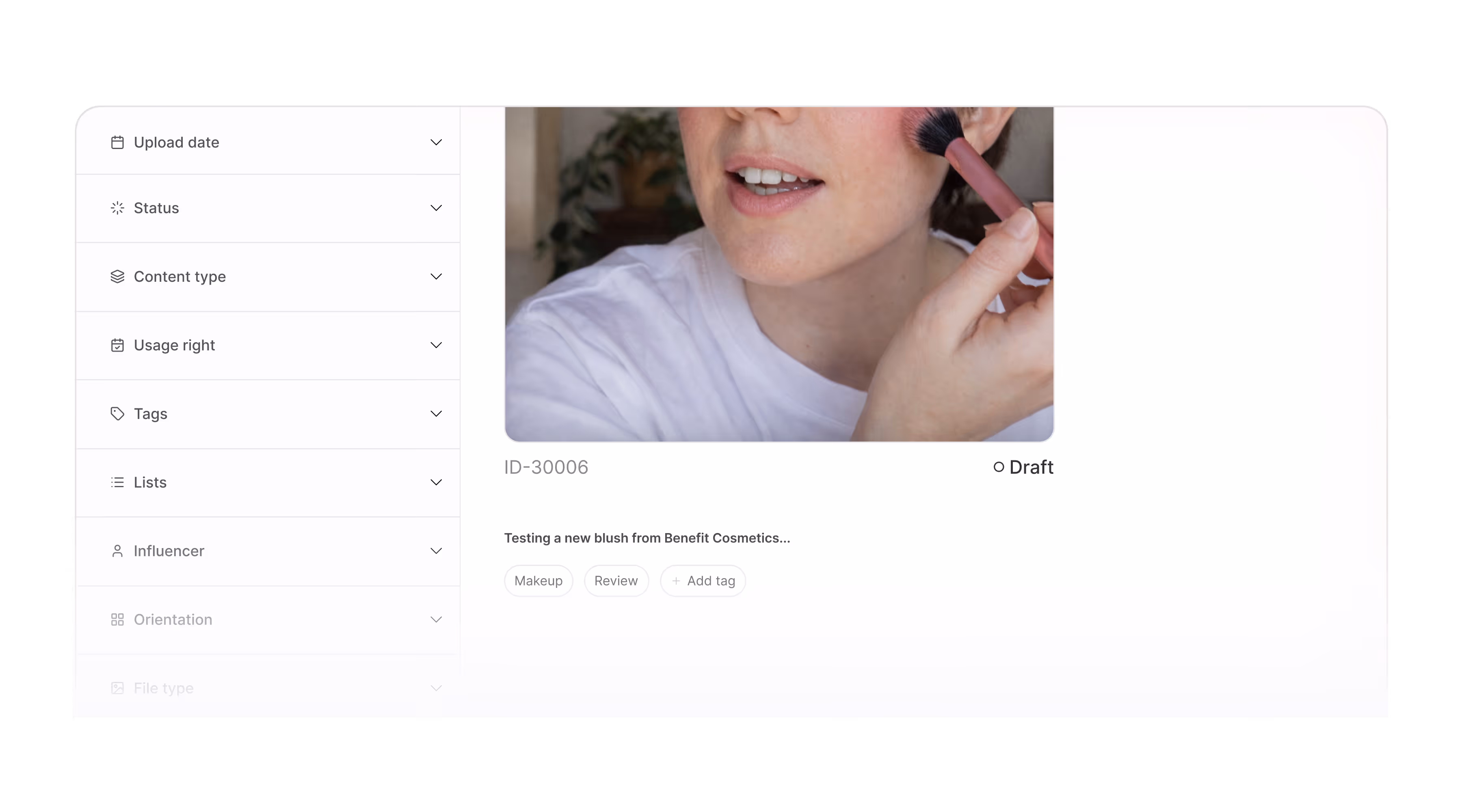 Digital asset management interface showing filters for upload date, status, content type, usage right, tags, lists, influencer, and an image preview labeled ID-30006 with draft status.