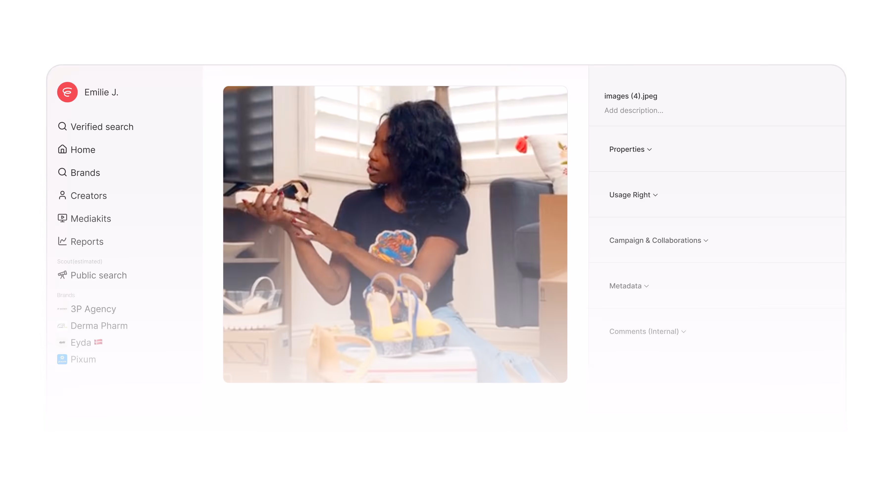 User interface showing a missing image icon with sidebar menu options including Verified search, Home, Brands, Creators, Mediakits, and Reports.