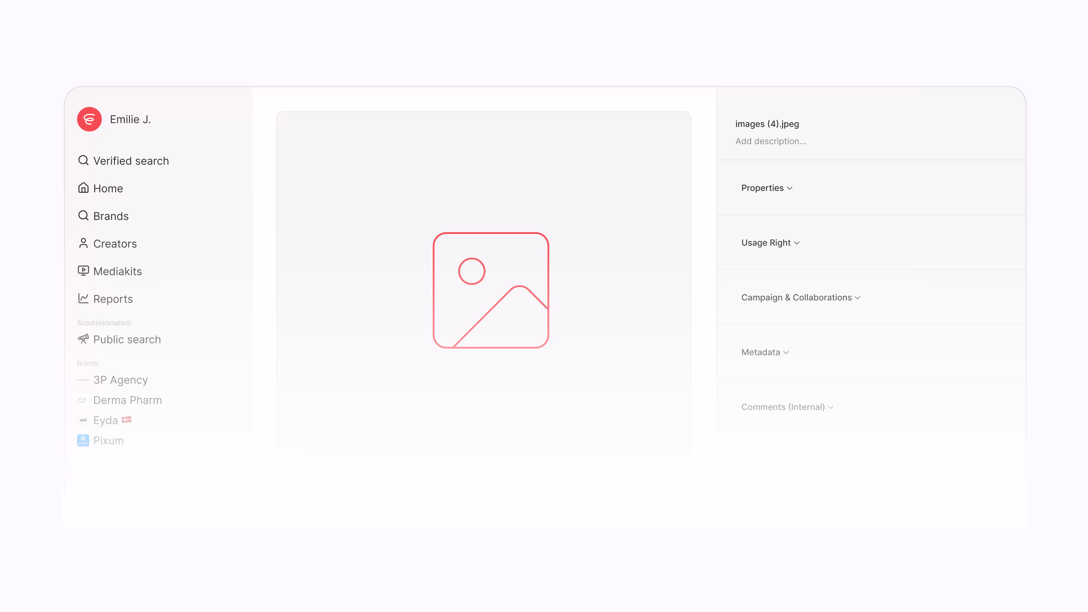 User interface showing a missing image icon with sidebar menu options including Verified search, Home, Brands, Creators, Mediakits, and Reports.