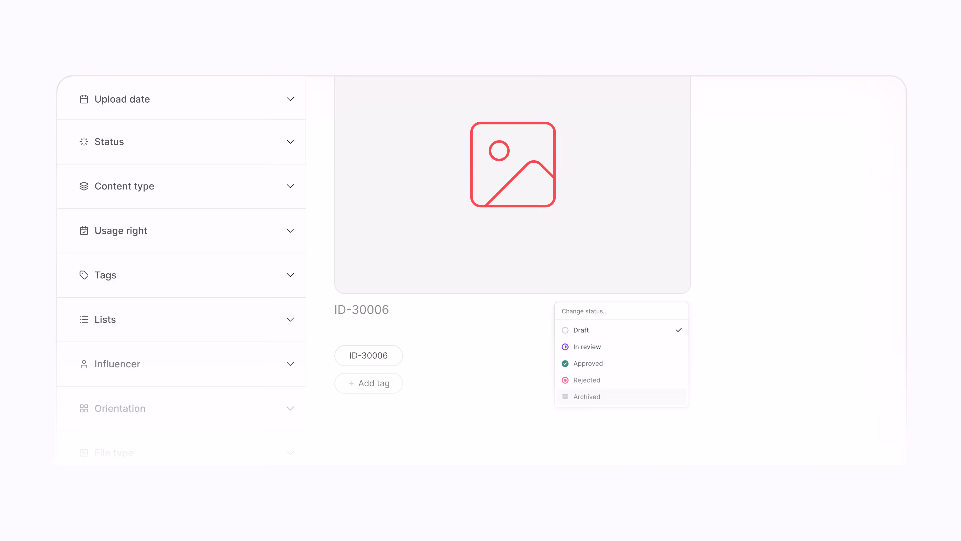 Interface showing filter options including upload date, status, content type, usage rights, tags, lists, influencer, and a status dropdown menu with options draft, in review, approved, rejected, and archived.