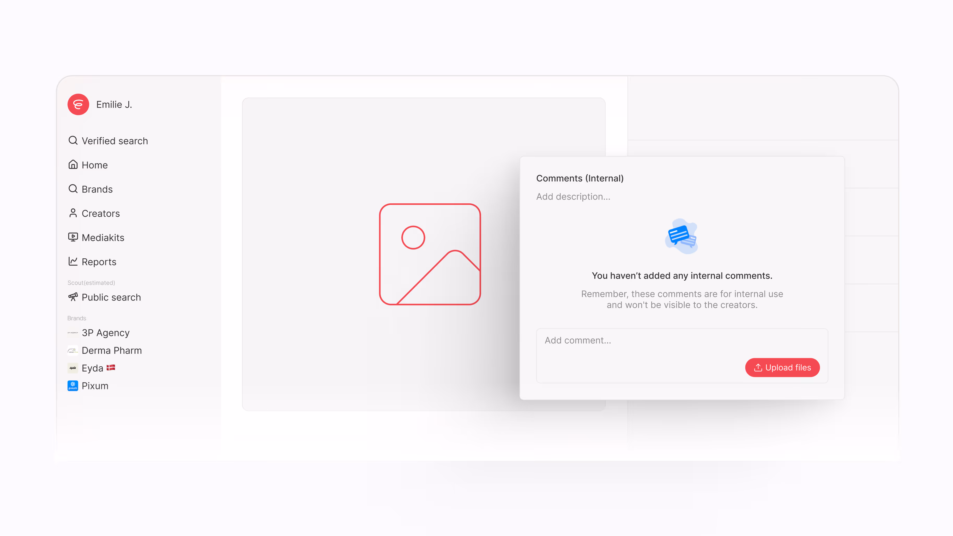 User interface showing a sidebar menu with profile Emilie J. and a panel for adding internal comments and uploading files.
