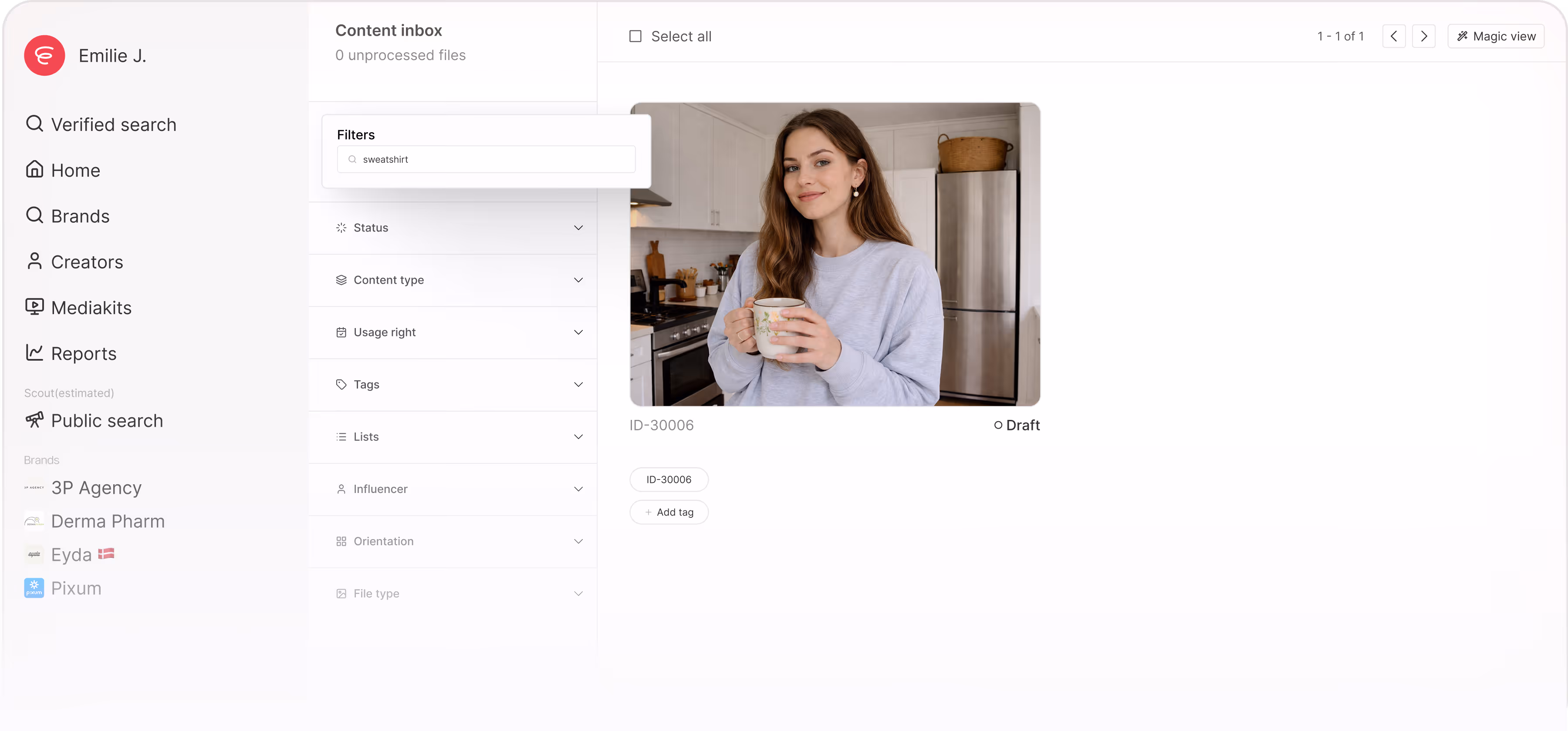 User interface of a content management system showing a draft image file with filters and navigation menu on the left.