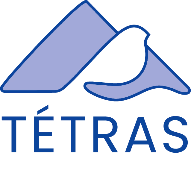 Logo de la marque TETRAS avec une illustration stylisée d'un oiseau devant deux formes triangulaires.