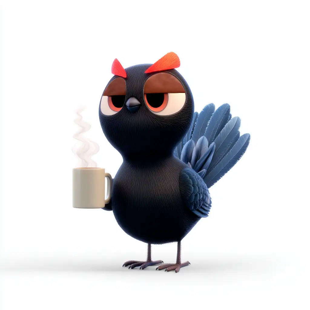 Oiseau noir animé au regard blasé tenant une tasse fumante de café.