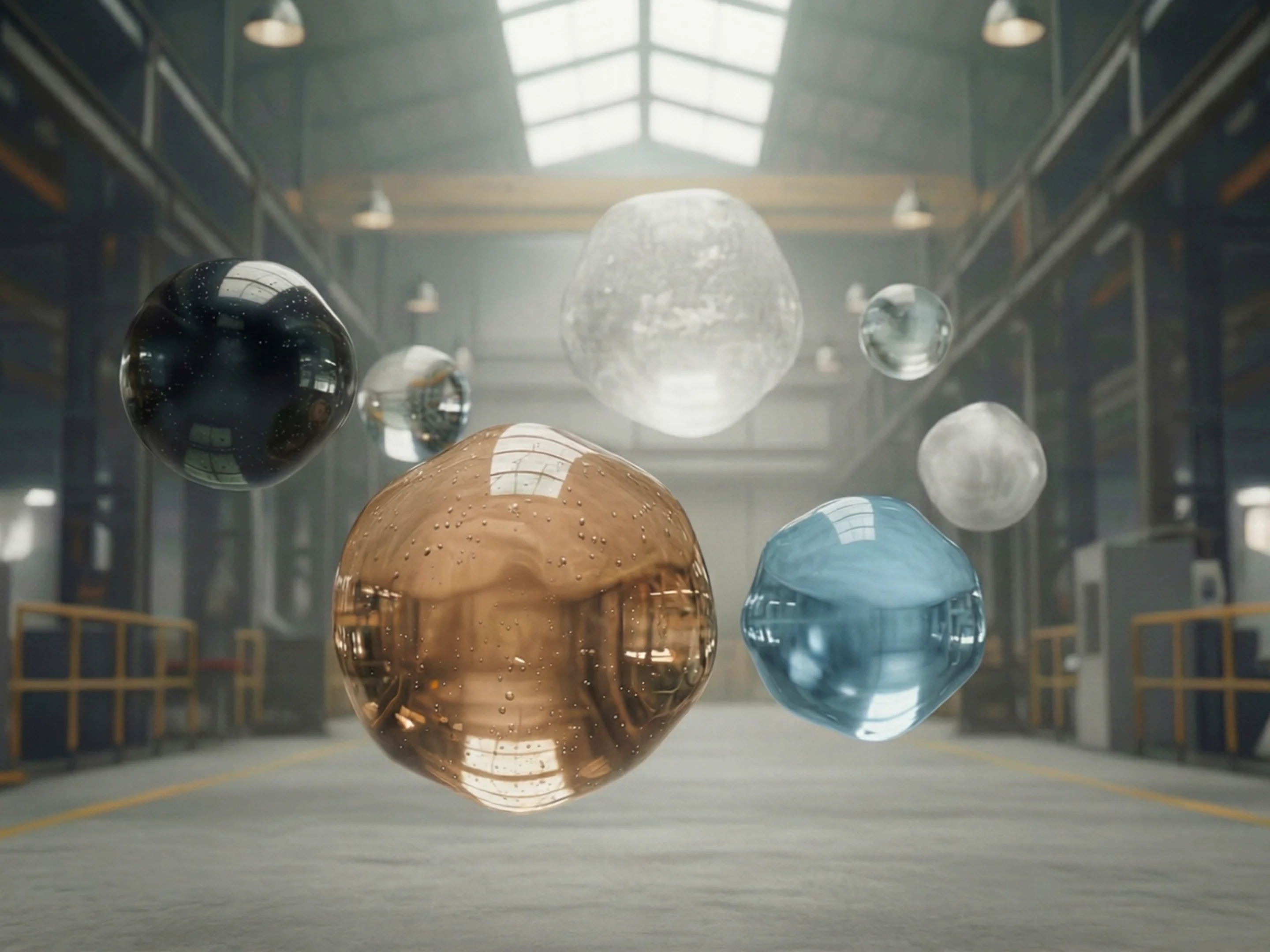 Seven glossy, irregularly shaped translucent spheres of various colors floating in a spacious industrial warehouse.