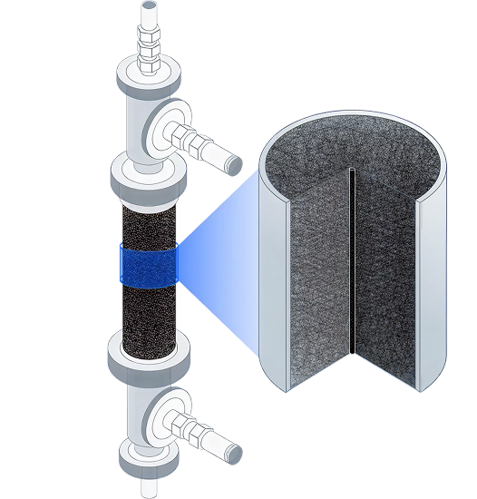 Diagram of a cylindrical reactor with attached inlet and outlet pipes, highlighting a cross-sectional view showing internal packing or catalyst material.