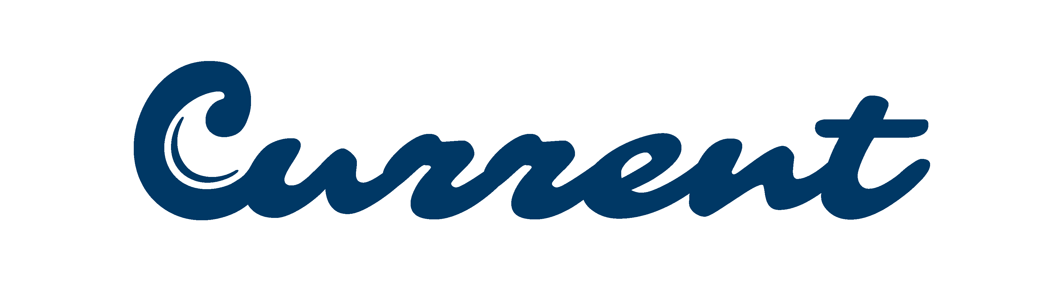 Current brand logo in navy blue cursive lettering.