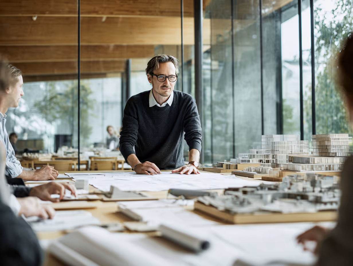 Baumanagement - Architekt steht an Tisch mit Modellen und Plänen