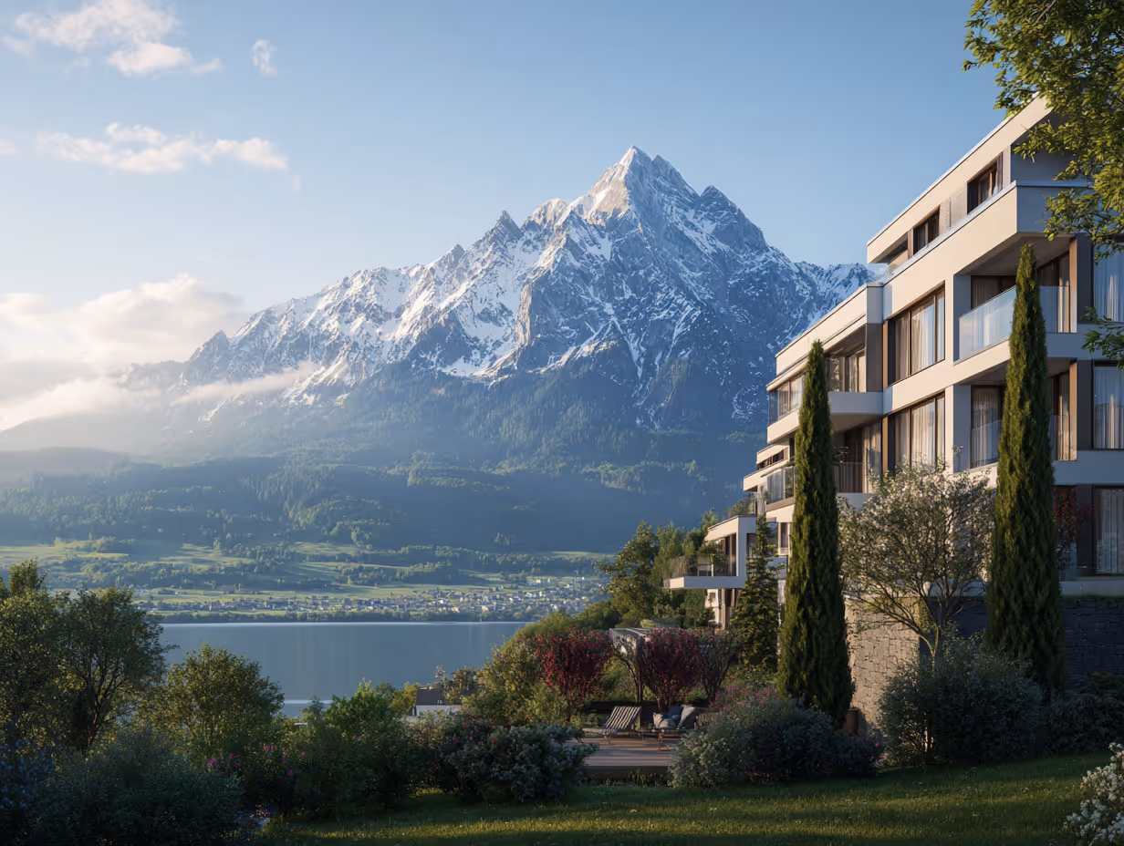 Mehrfamilienhaus mit Sicht auf See und Berge