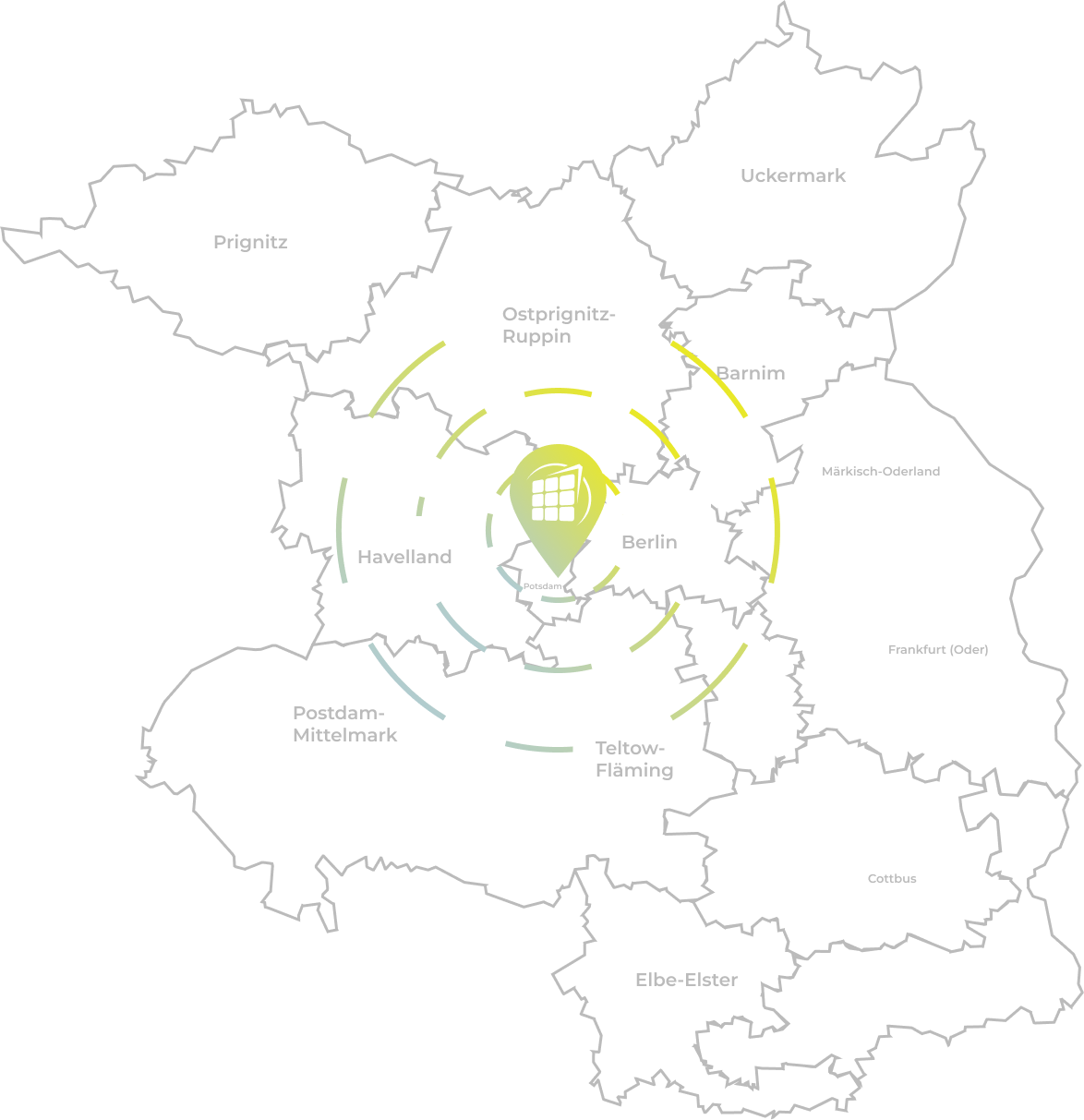 Karte von Brandenburg mit hervorgehobenem zentralen Standort in Potsdam, umgeben von Landkreisen wie Prignitz, Havelland, Uckermark und Berlin.