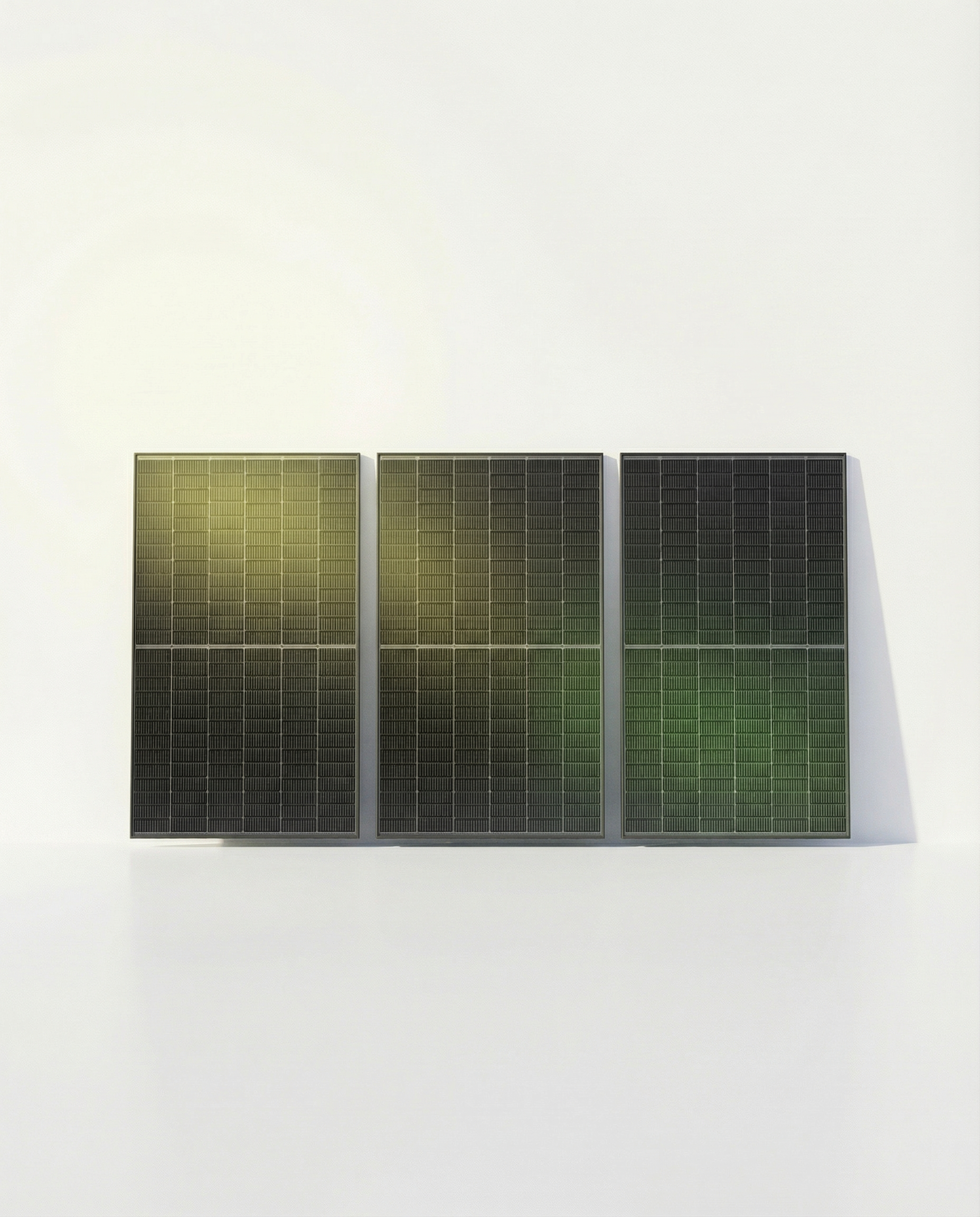 Drei nebeneinander gekippte Solarpanels auf weißem Hintergrund mit Sonnenreflexion.