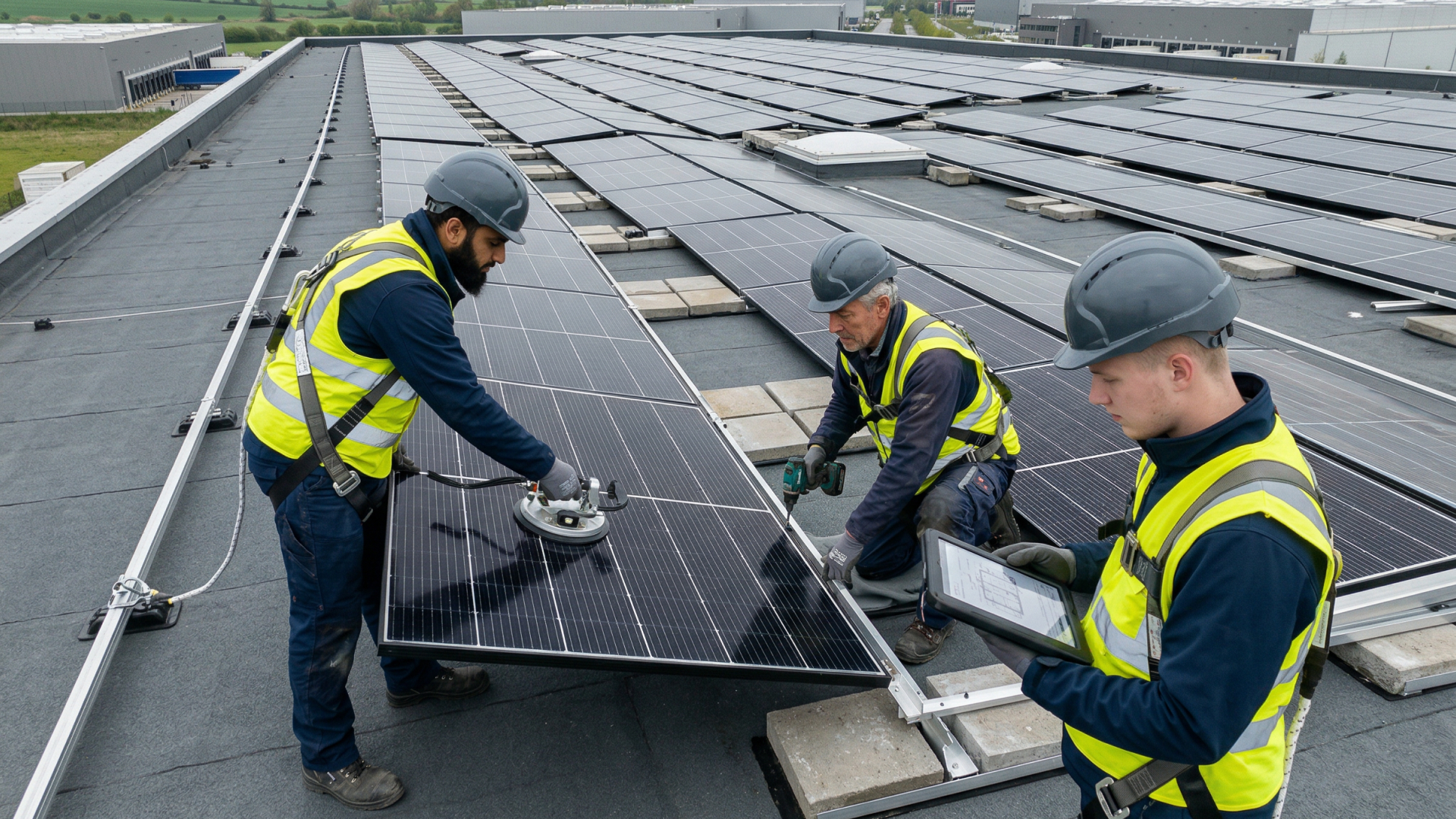 Drei Arbeiter mit Schutzhelmen und Warnwesten installieren Solarzellen auf einem Flachdach.