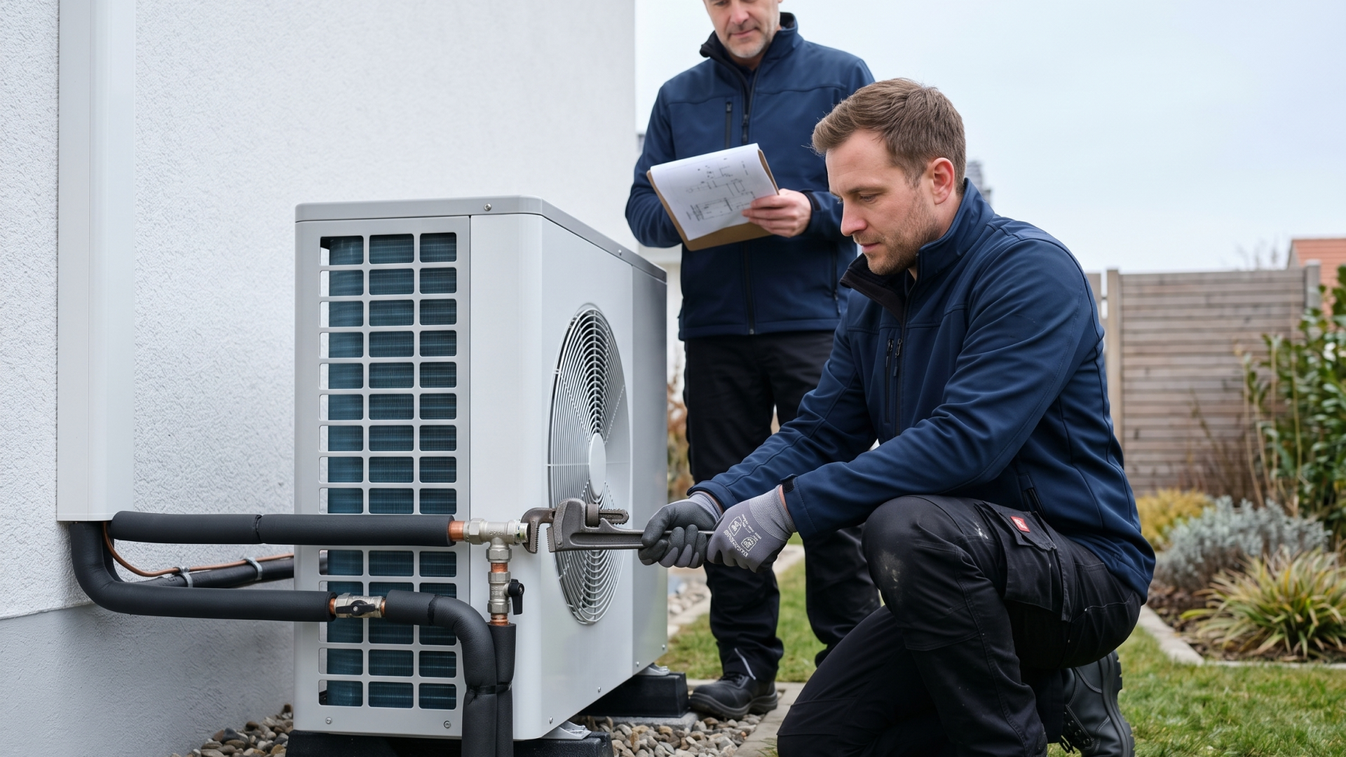 Techniker überprüfen und reparieren eine Außeneinheit einer Wärmepumpe an einem Wohnhaus im Garten.