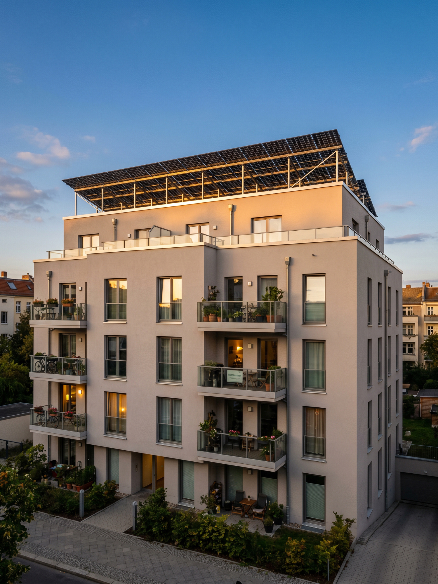 Moderner Wohnblock mit Balkonen und Solarpaneelen auf dem Dach im Sonnenuntergang.