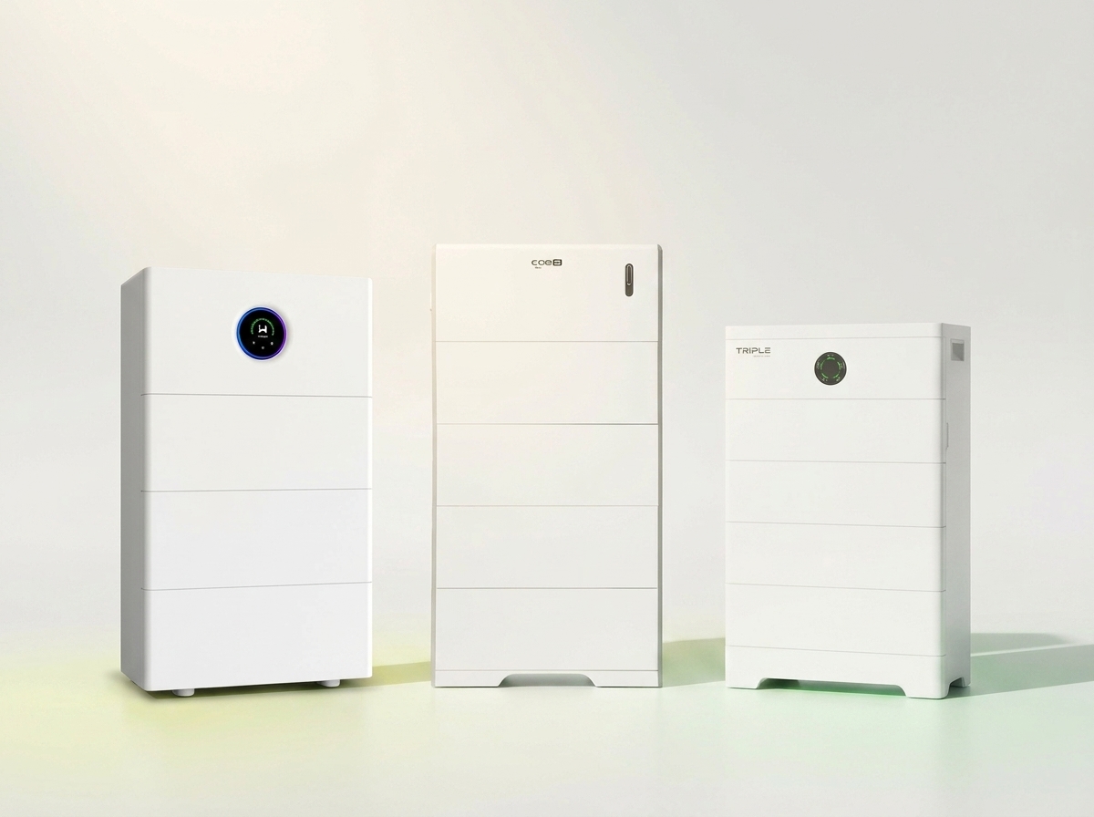 Drei weiße vertikale rechteckige Energiespeichergeräte mit verschiedenen digitalen Anzeigen auf einem hellen Hintergrund.