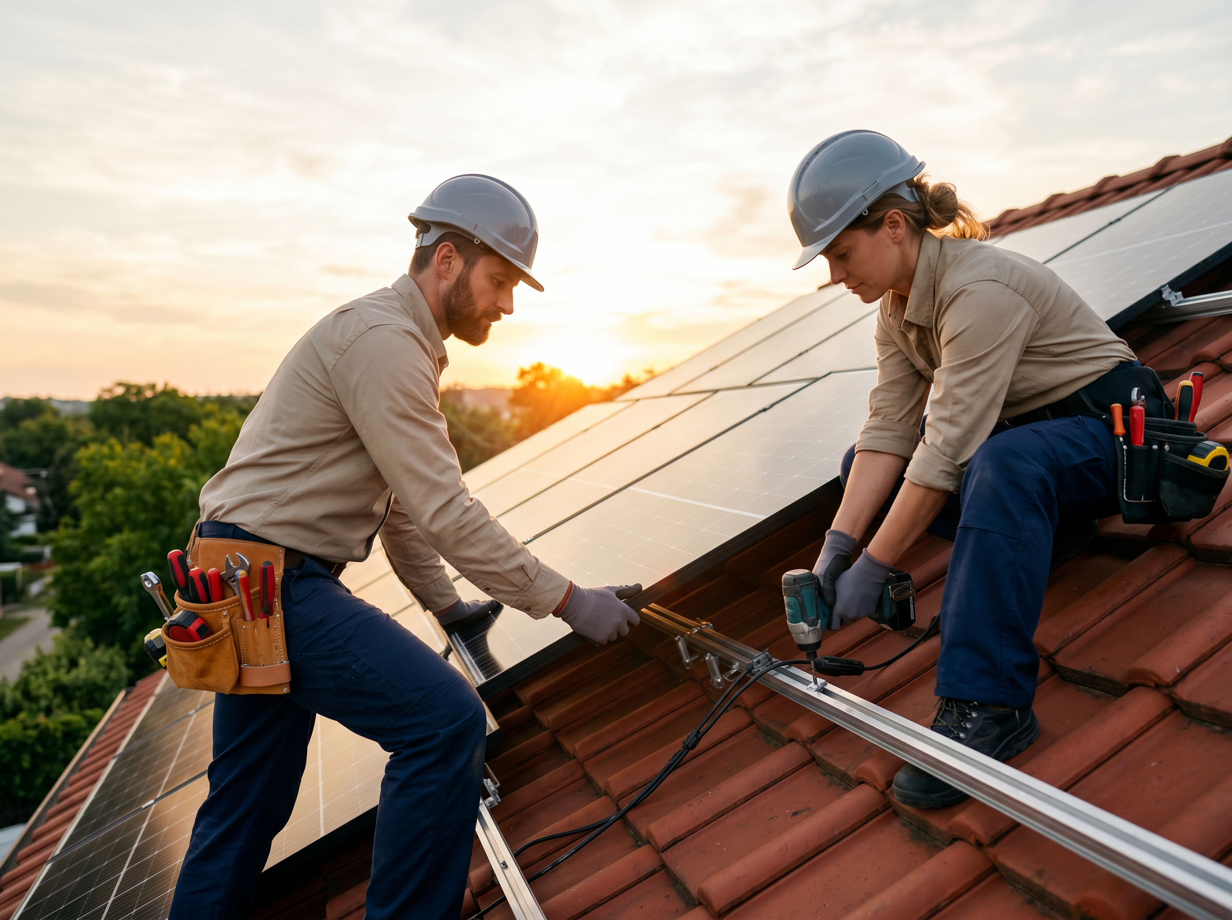 Zwei Handwerker mit Schutzhelmen montieren Solarpaneele auf einem Dach bei Sonnenuntergang.