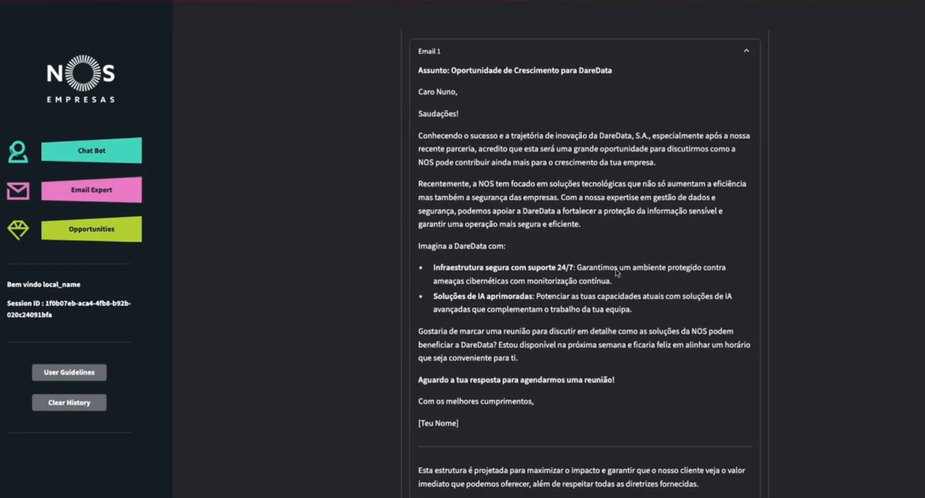 Screenshot of the AI sales assistant built for NOS Empresas, showing a generated sales email.