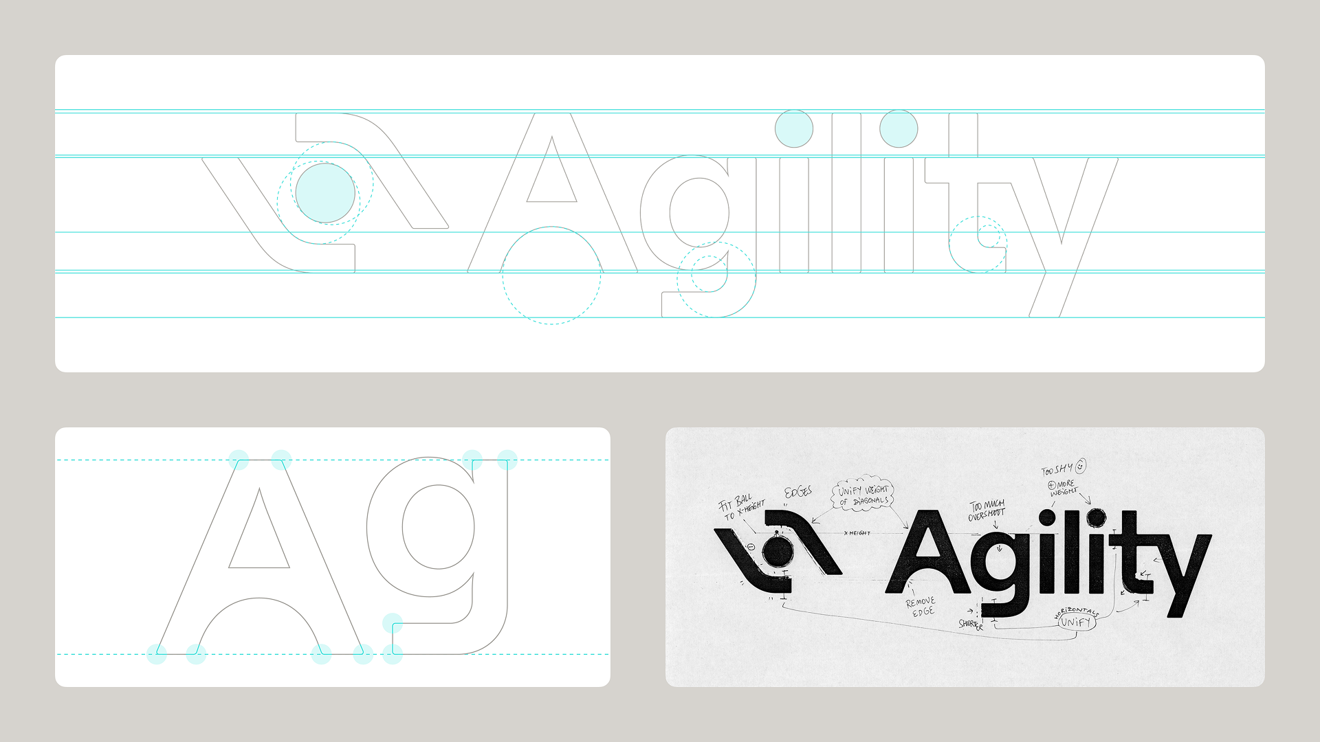 The Agility logo marked up with notes and circles, showing the visual motifs present in the logo redesign.