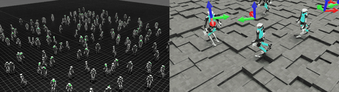 Renderings of humoid robots navigating around one another in open spaces and across uneven terrain.