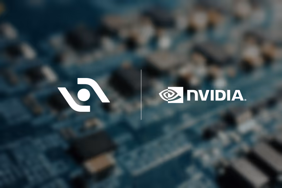 Nvidia logo and Agility Robotics logo on a blurred electronic circuit board background.