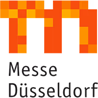 Messe Düsseldorf Logo mit stilisiertem, orangenem und gelbem geometrischem Muster oben und Schriftzug unten.