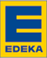 EDEKA-Logo mit blauem E und gelbem Hintergrund.