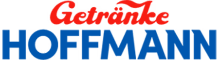Getränke Hoffmann Logo mit rotem Schriftzug und blauem Hintergrund.