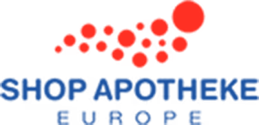 Logo von Shop Apotheke mit rotem Schriftzug und blauem Hintergrund.