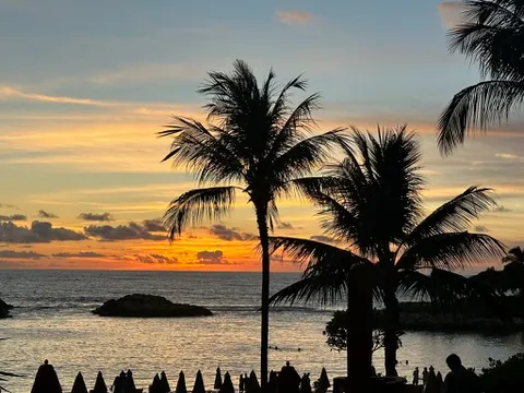 Silhouettes of palm trees and beach umbrellas against a colorful sunset over the ocean with small rocky islets.