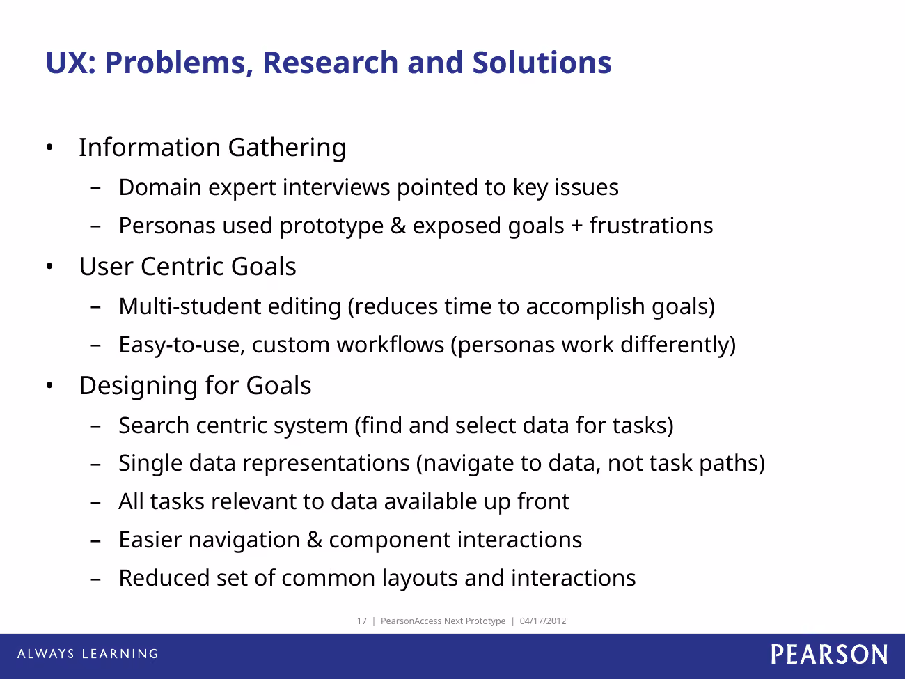 PearsonAccess research slide connecting usability problems, field findings, and proposed design solutions.
