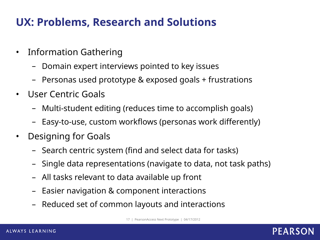 PearsonAccess research slide connecting usability problems, field findings, and proposed design solutions.