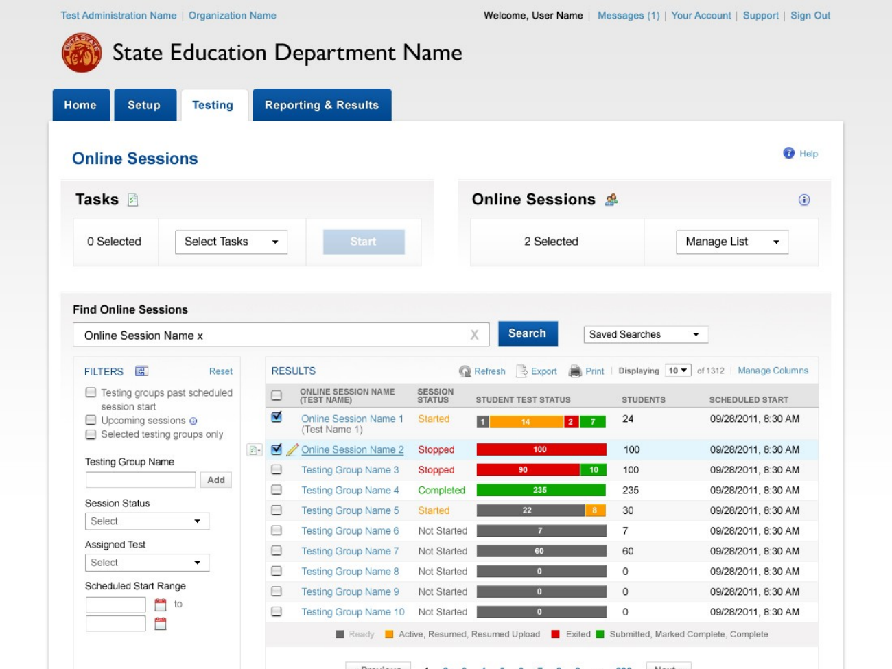 PearsonAccess Next online testing sessions interface showing session status, student counts, and administration controls.