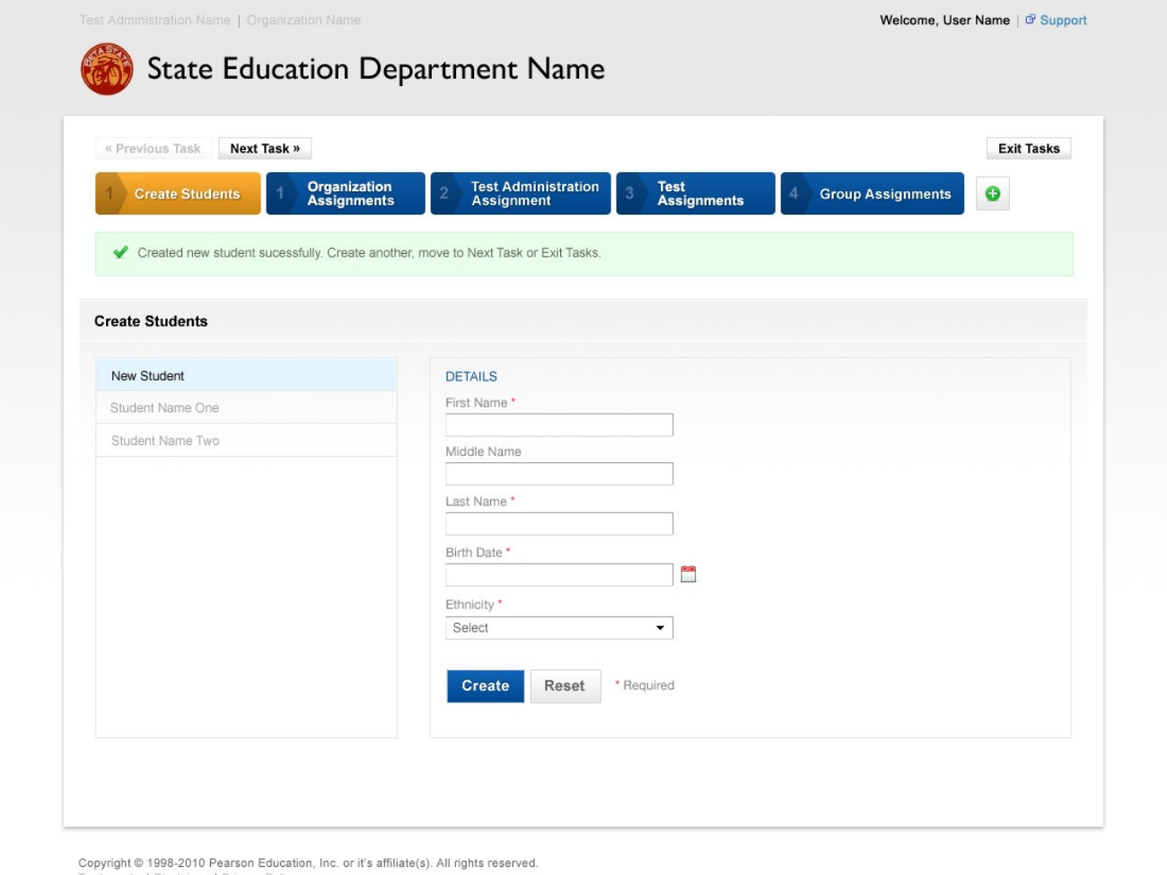 PearsonAccess Next student workflow interface showing student records, search, status, and administration actions.
