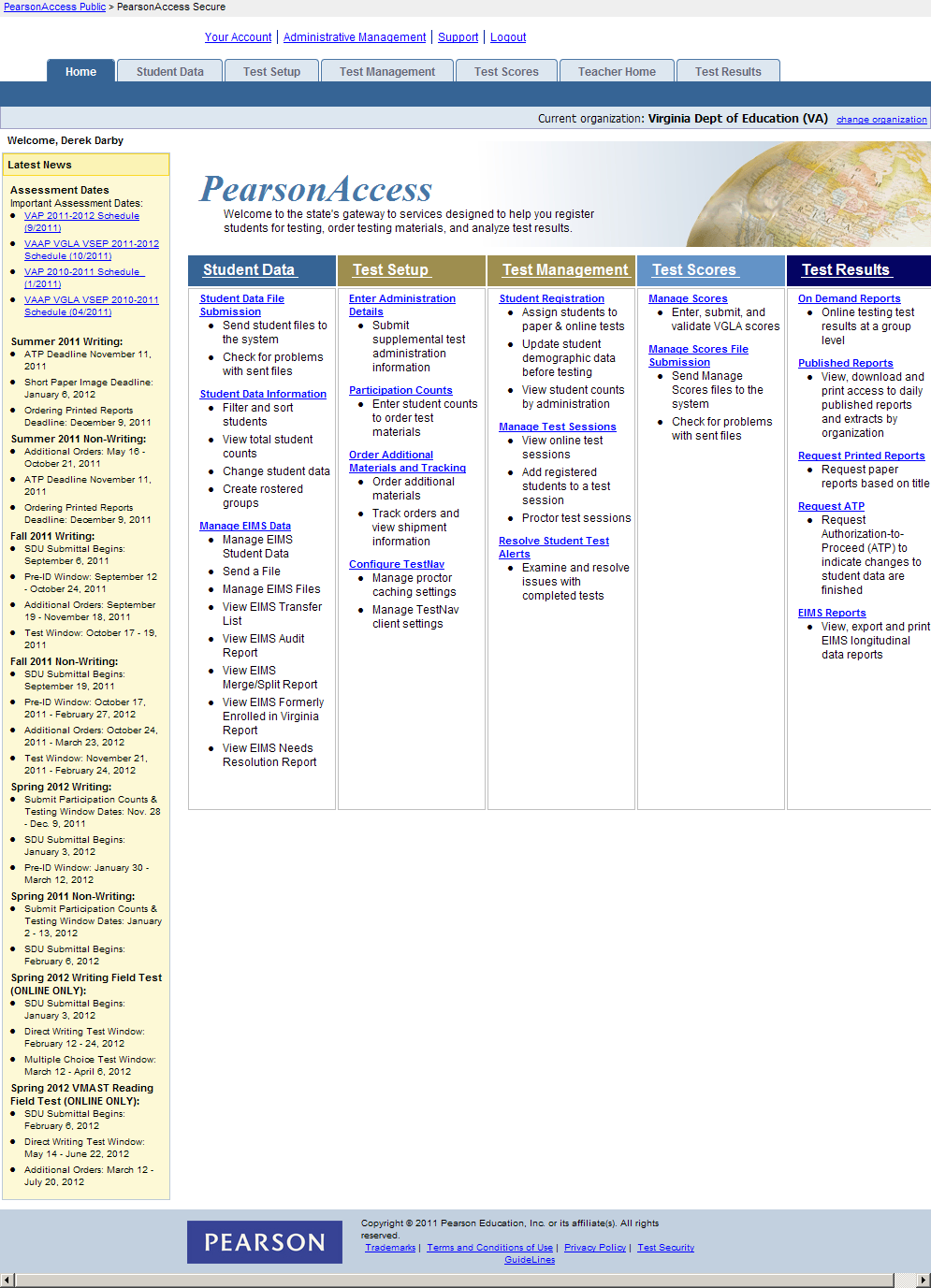 Legacy PearsonAccess Virginia home screen illustrating state-specific variation.