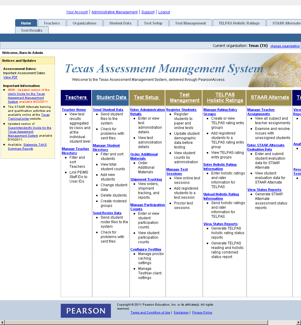 Legacy PearsonAccess Texas home screen showing dense navigation, alerts, tasks, and administration controls.