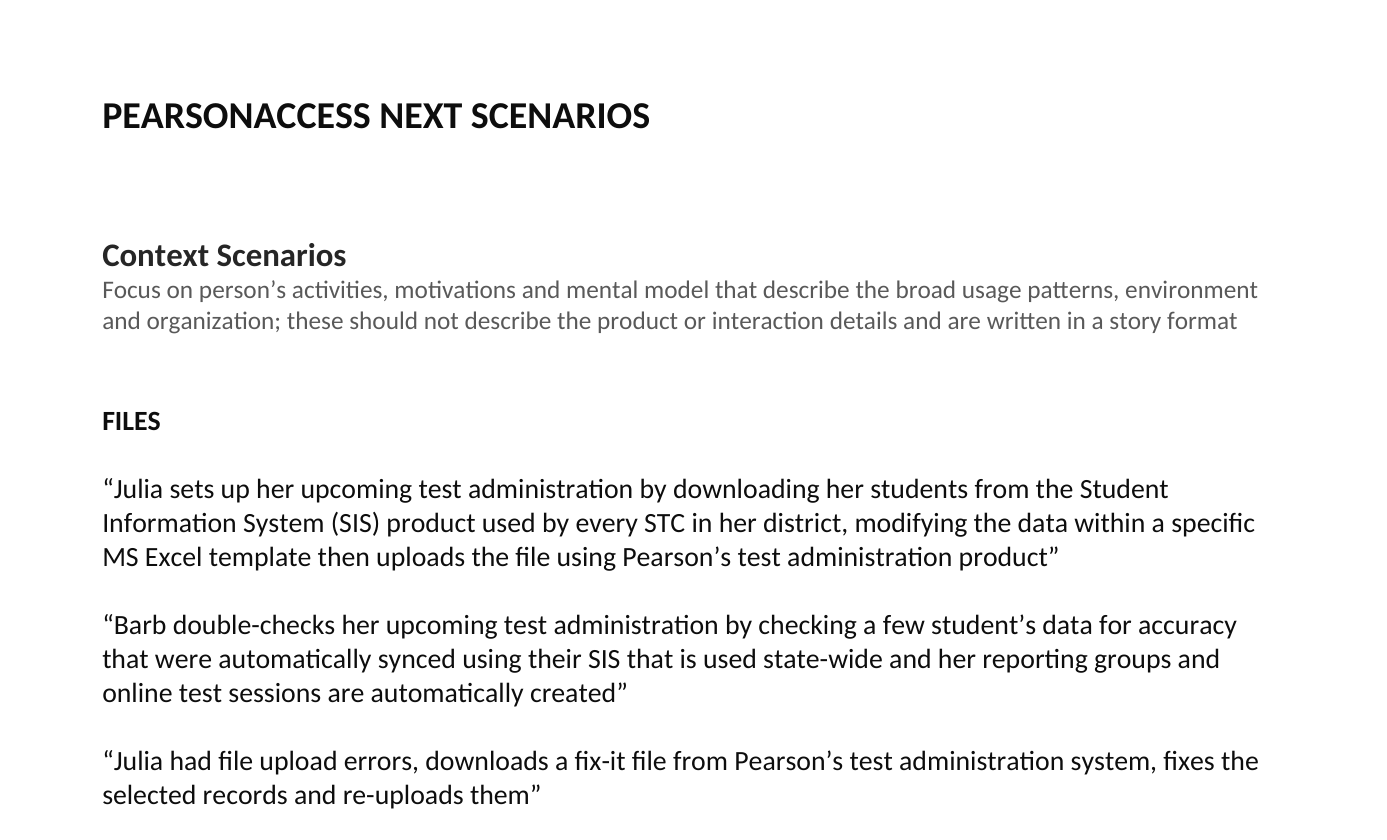 PearsonAccess validation scenarios documenting usability-study context and coordinator tasks.