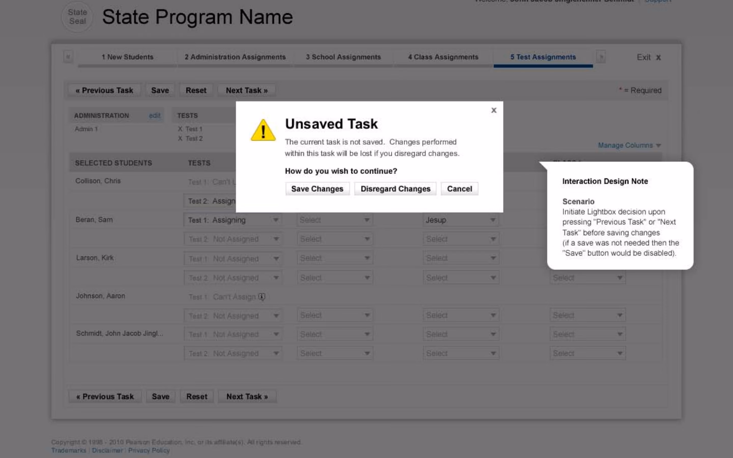 Annotated PearsonAccess interaction design iteration exploring task progression, save behavior, cancellation, and unsaved work.