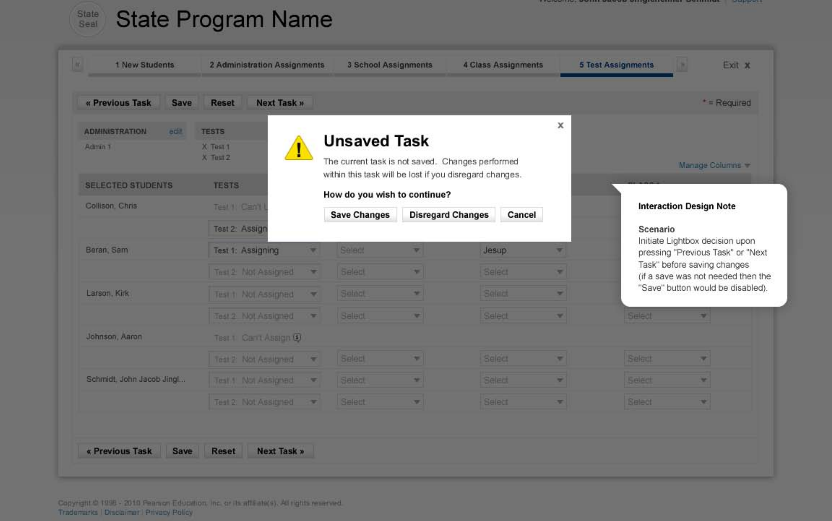 Annotated PearsonAccess interaction design iteration exploring task progression, save behavior, cancellation, and unsaved work.