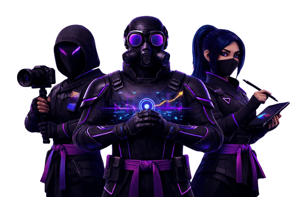 Three futuristic characters in black and purple attire: one holding a camera, another wearing a gas mask with holographic data projection, and a third using a digital tablet with a stylus.