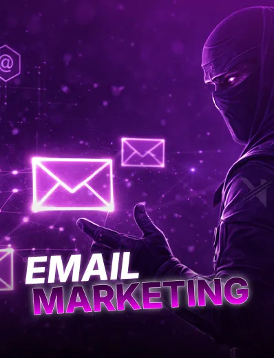 Dark purple-themed image showing a masked figure with glowing digital email icons and the text 'EMAIL MARKETING' in bold letters.