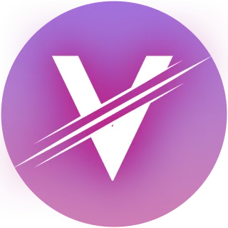 White letter V with three diagonal streaks cutting through it on a purple circular background.