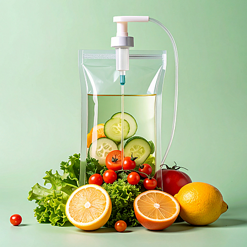 Pale Green IV Bag Surrounded by Fruit and Florals