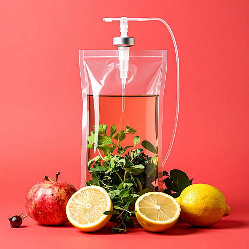 Red IV Bag Surrounded by Fruit and Florals