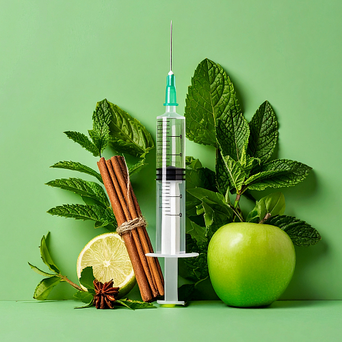 Green Syringe Surrounded by Fruit and Florals
