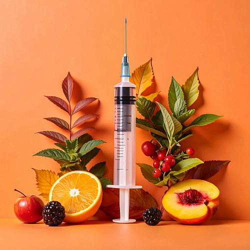 Orange Syringe Surrounded by Fruit and Florals