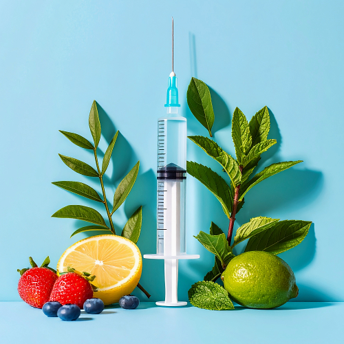 Blue Syringe Surrounded by Fruit and Florals