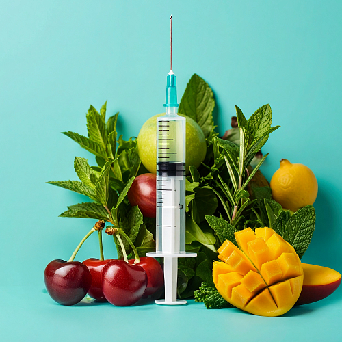 Aqua Syringe Surrounded by Fruit and Florals