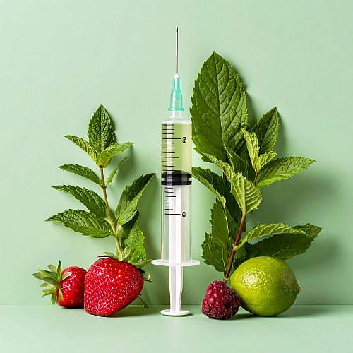 Pale Green Syringe Surrounded by Fruit and Florals
