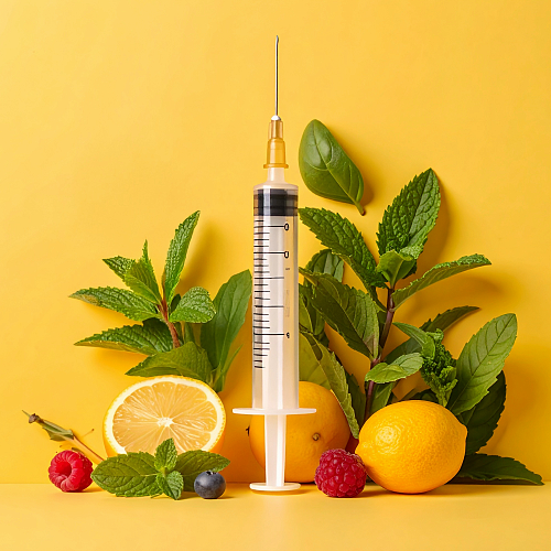 Yellow Syringe Surrounded by Fruit and Florals