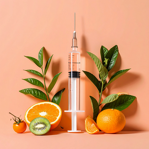 Peach Syringe Surrounded by Fruit and Florals